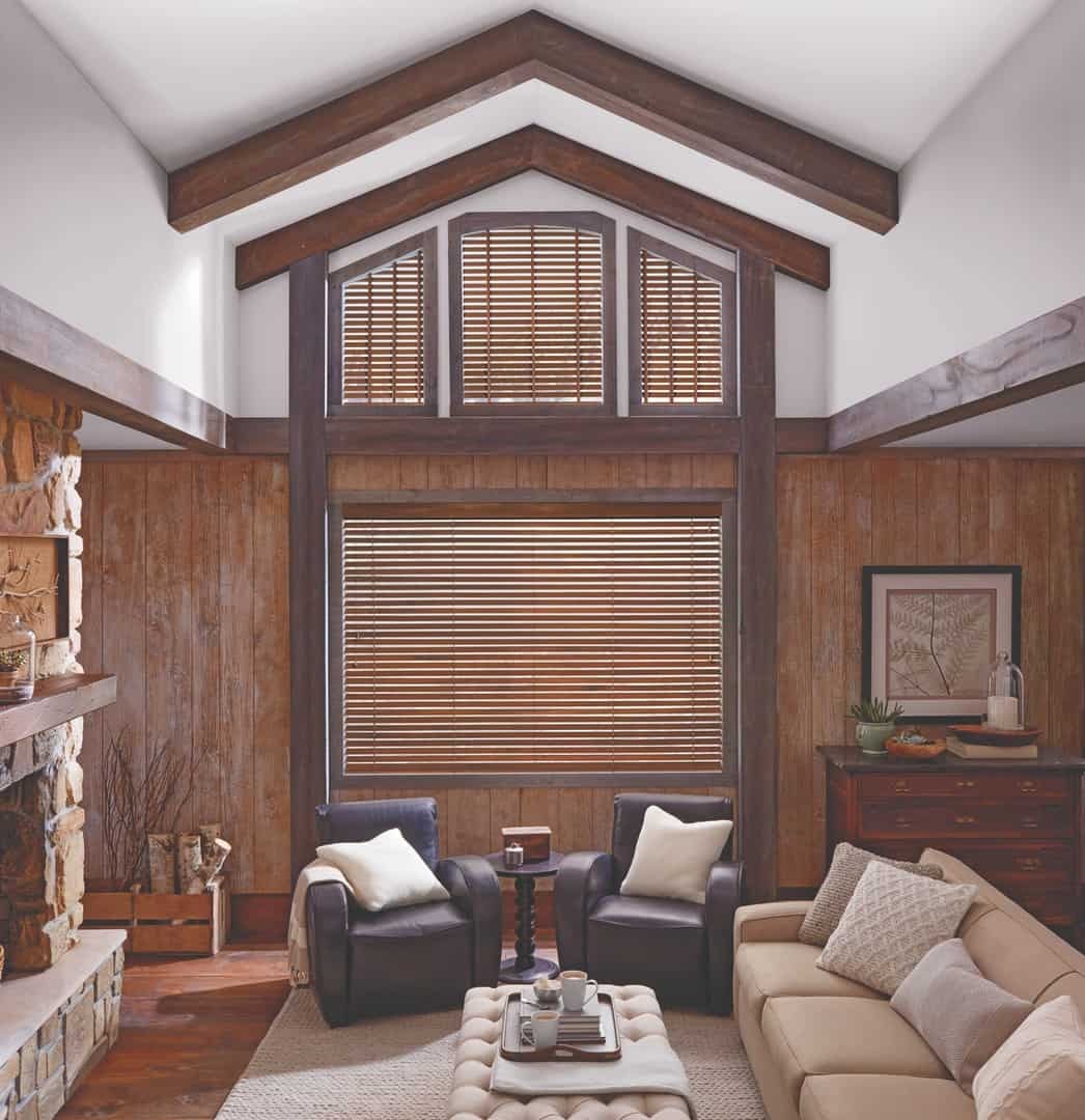Custom living room window treatments for homes near Chesapeake, Virginia (VA) include Parkland Wood Blinds.