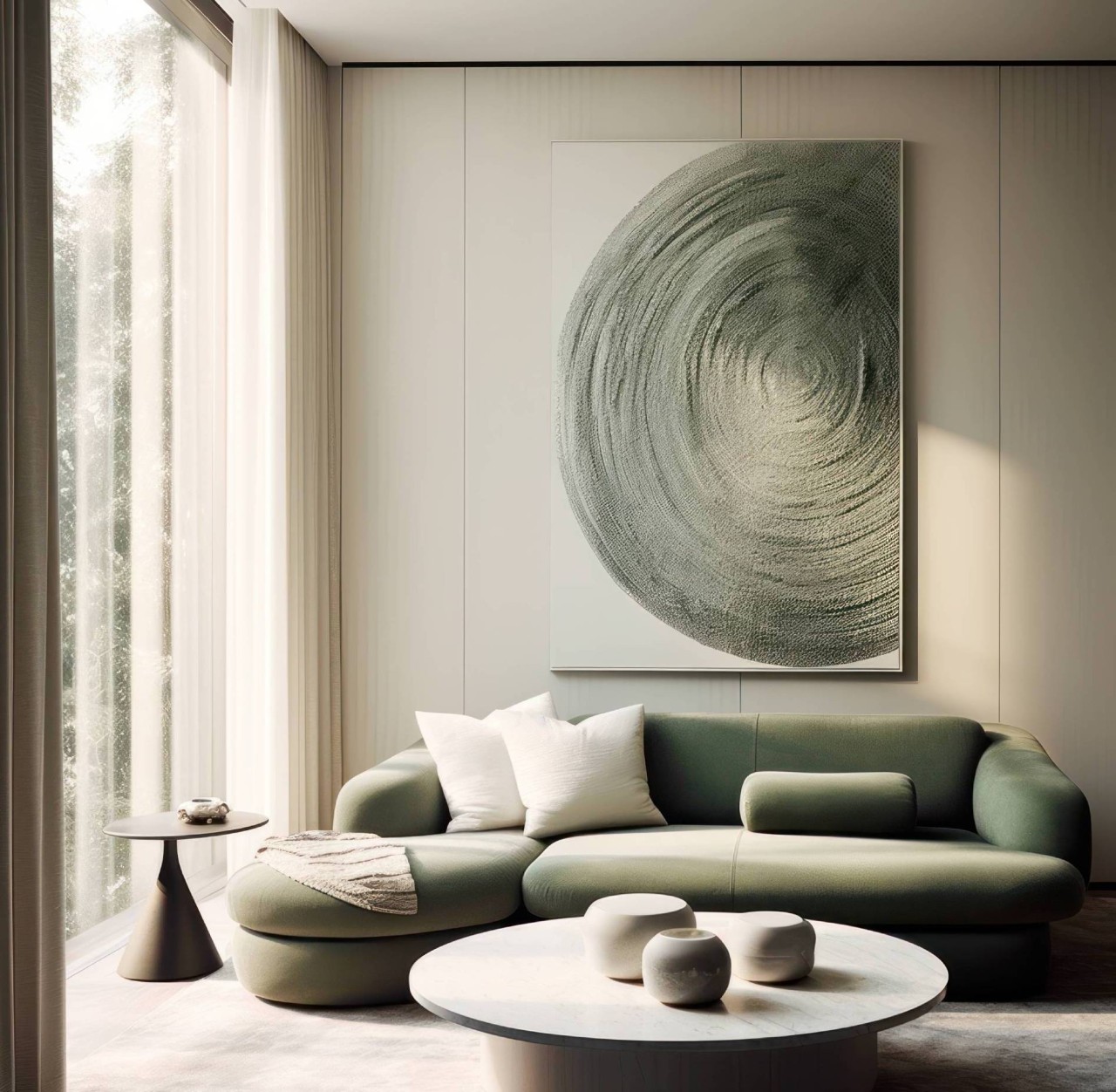 Contemporary living room with a green sofa, rounded coffee table, and muted colors near Newport News, VA