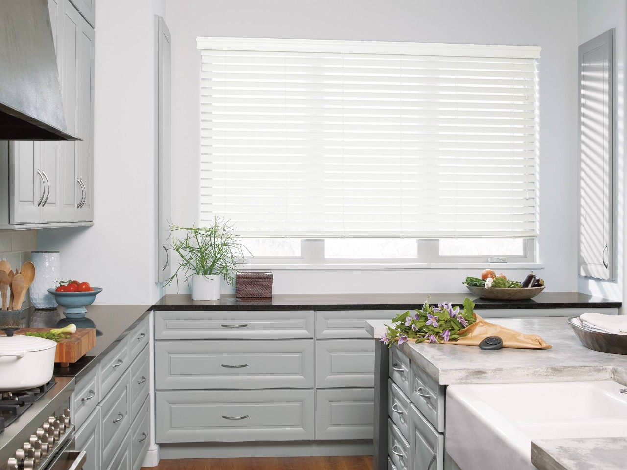 Hunter Douglas EverWood® Faux Wood Blinds in a kitchen near Newport News, Virginia (VA)