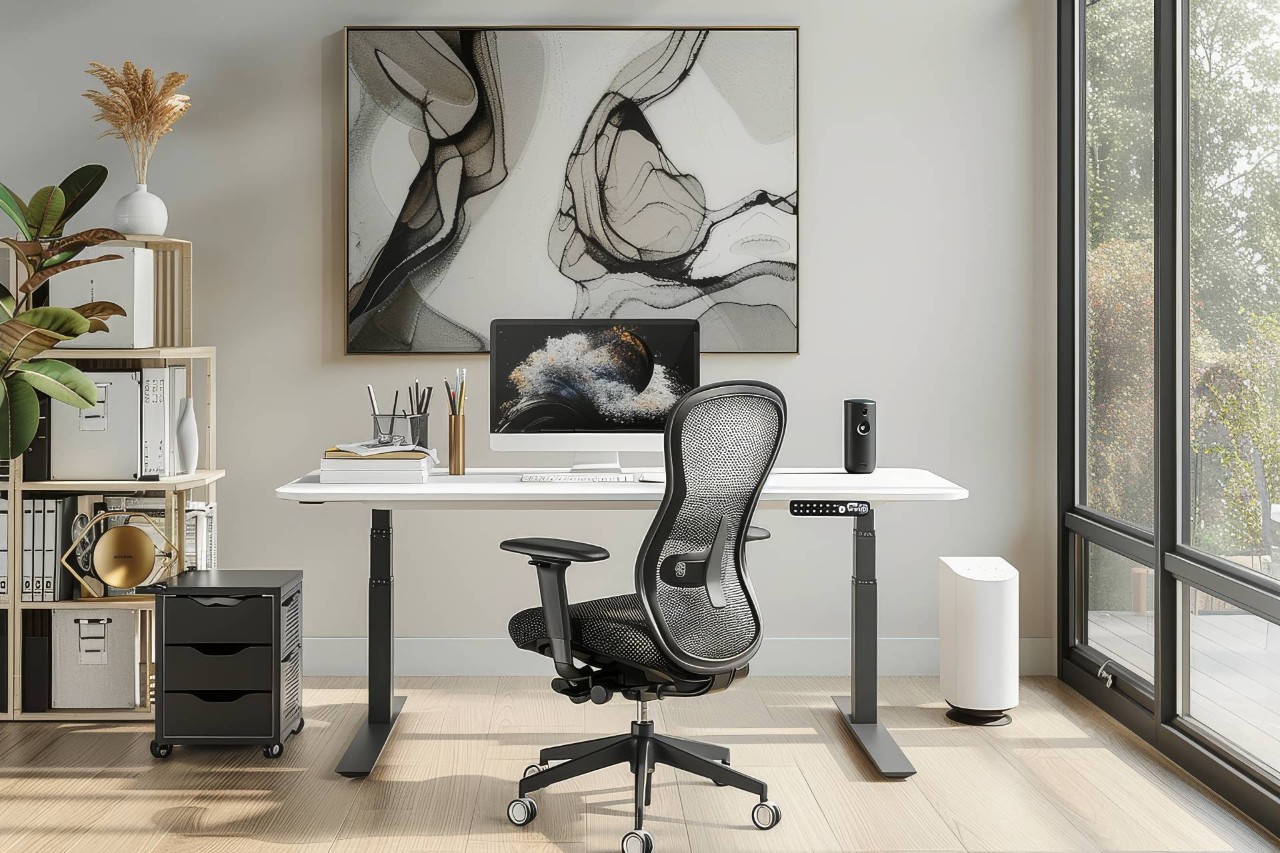 A modern office with a mesh desk chair and standing desk near Newport News, Virginia (VA)