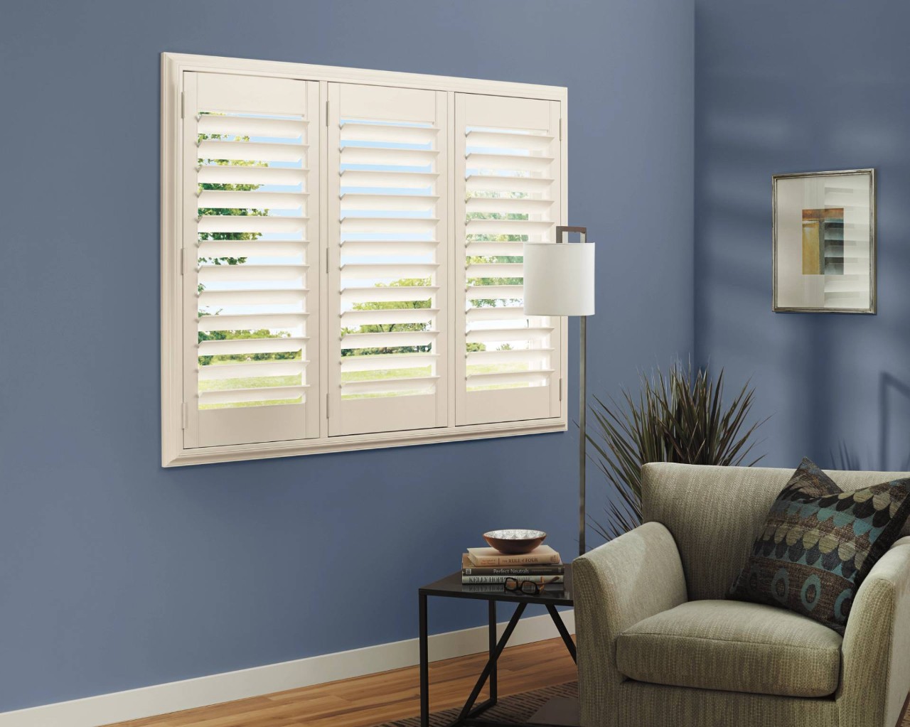 Hunter Douglas Heritance® Wood Shutters in a living room near Newport News, Virginia (VA)