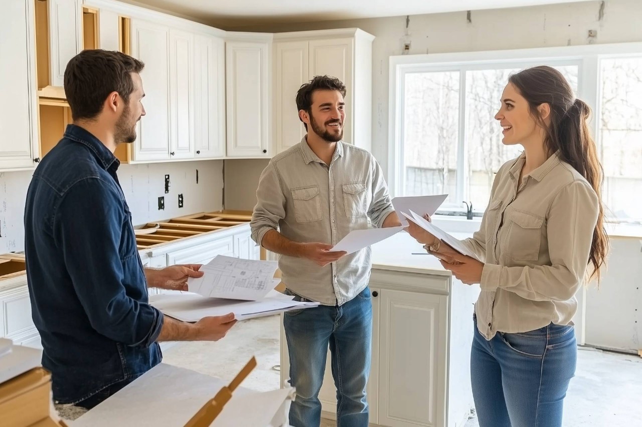 Three people discussing the interior design of a home undergoing a renovation near Newport News, VA